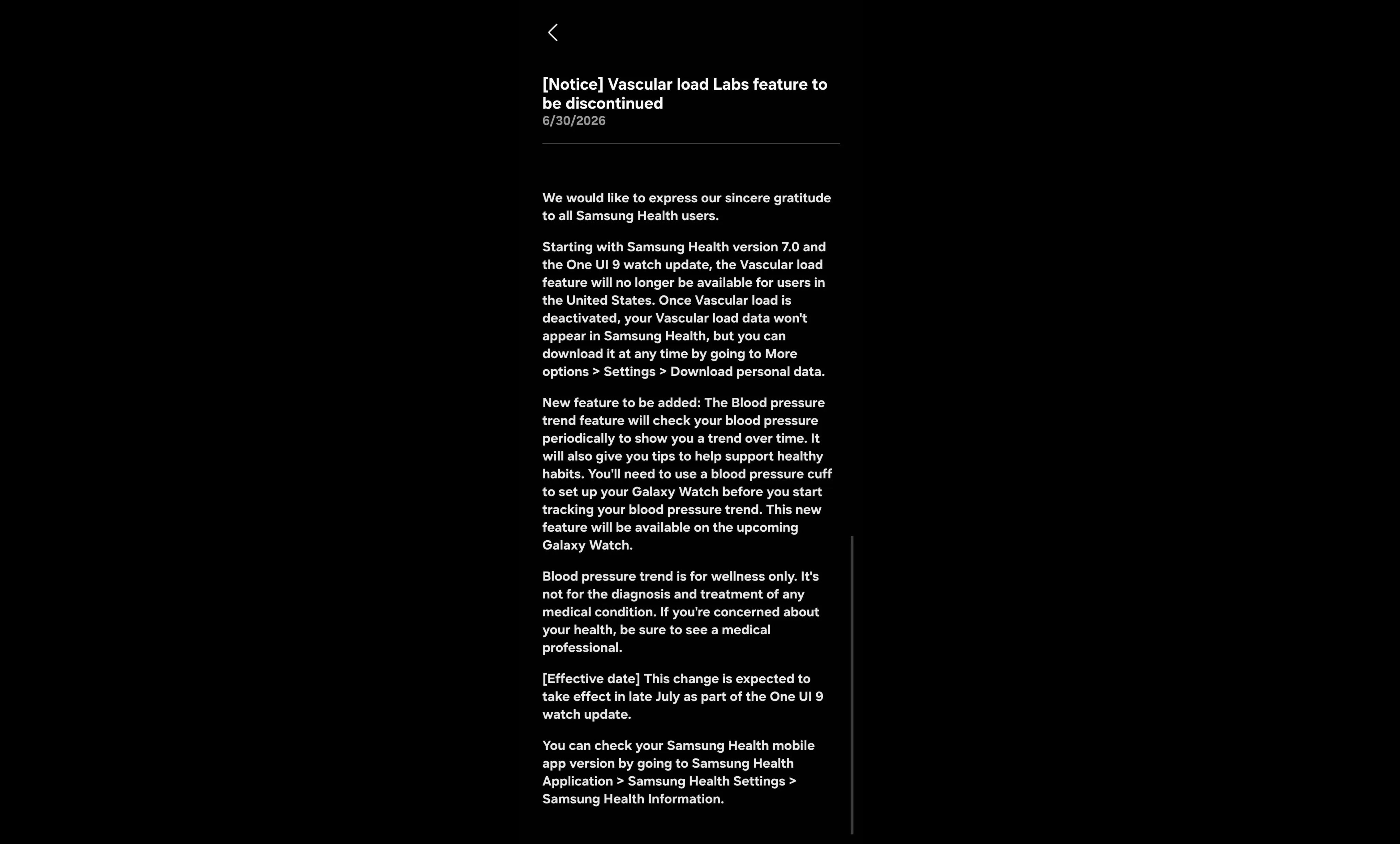 The notice Samsung has started sending to Galaxy Watch users. | Image by Reddit - Samsung is upgrading your Galaxy Watch, even if it might seem like something's missing