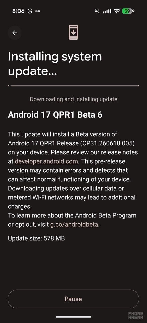Android 17 QPR1 Beta 6 installing on a Pixel phone