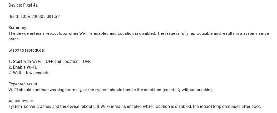 Screenshot of Google Issue Tracker showing a bootloop complaint for the Pixel 4a.