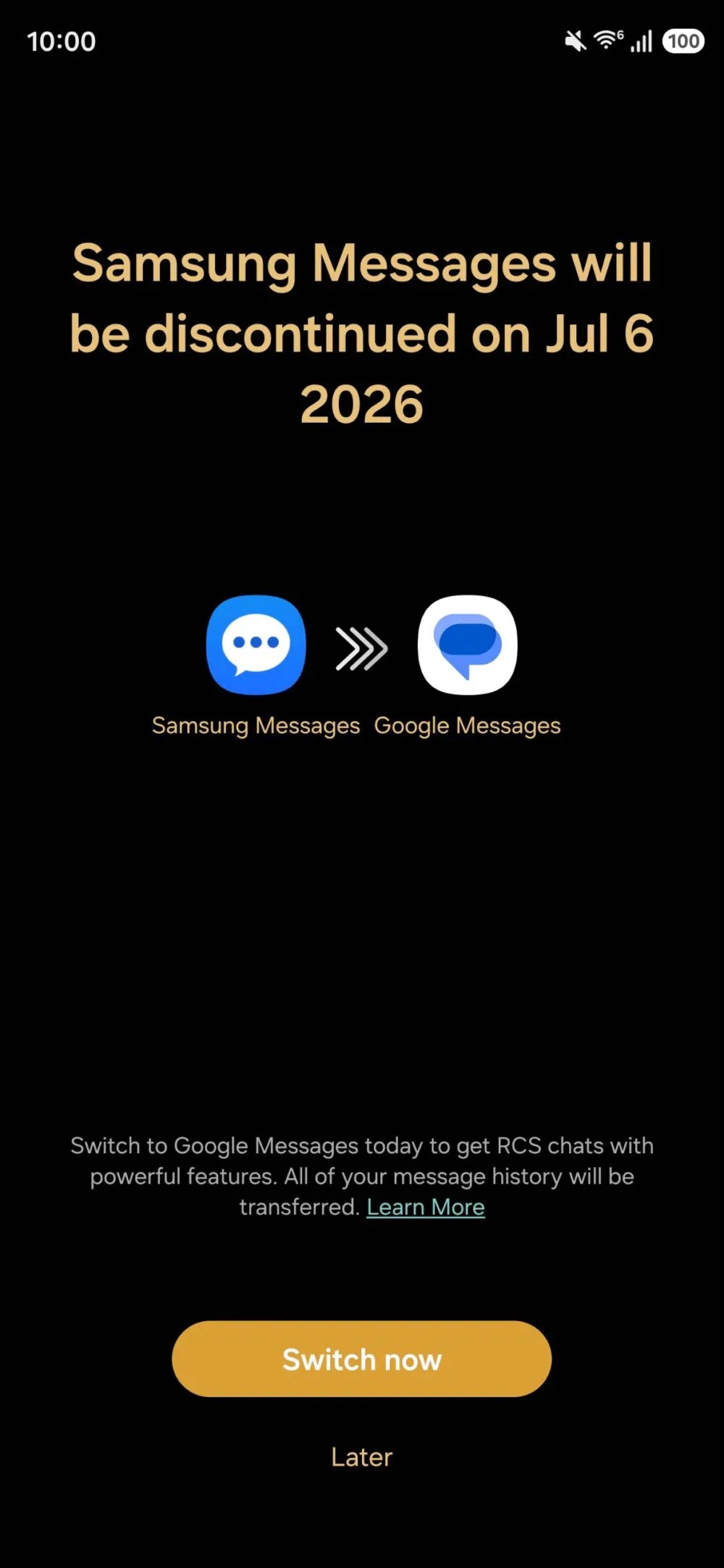 Samsung&amp;#039;s in-app notice showing the Messages shutdown date