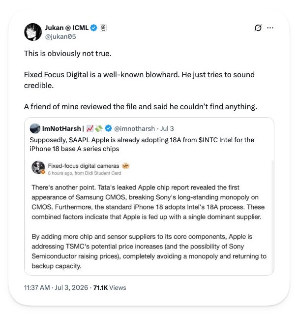 Screenshot of Jukan&amp;#039;s X post debunking the Intel A20 rumor