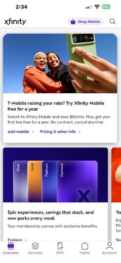 Screenshot from Xfinity app promotes free year of service to T-Mobile subscribers