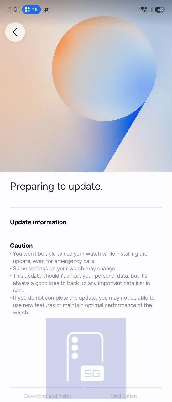 The new updates screens inside the Galaxy Wearable app.