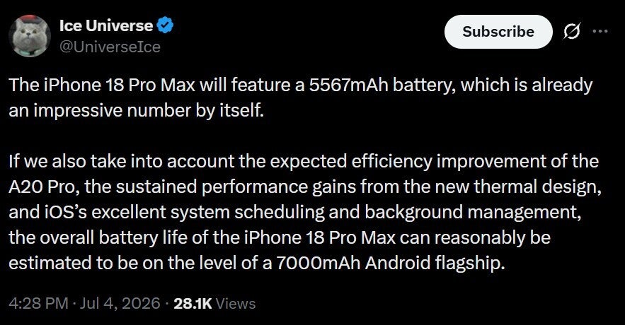 Apple is going the optimization route with the next iPhone. | Image by X - Samsung&rsquo;s "Dream" battery just convinced me that Apple is falling behind