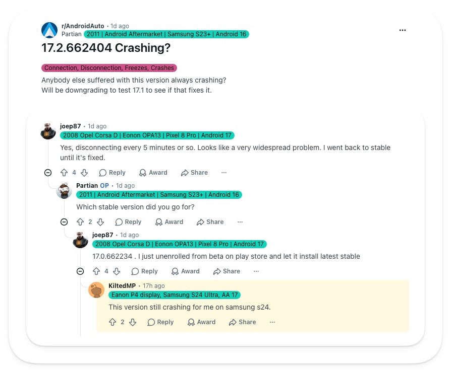 Reddit thread reporting Android Auto 17.2 crashes