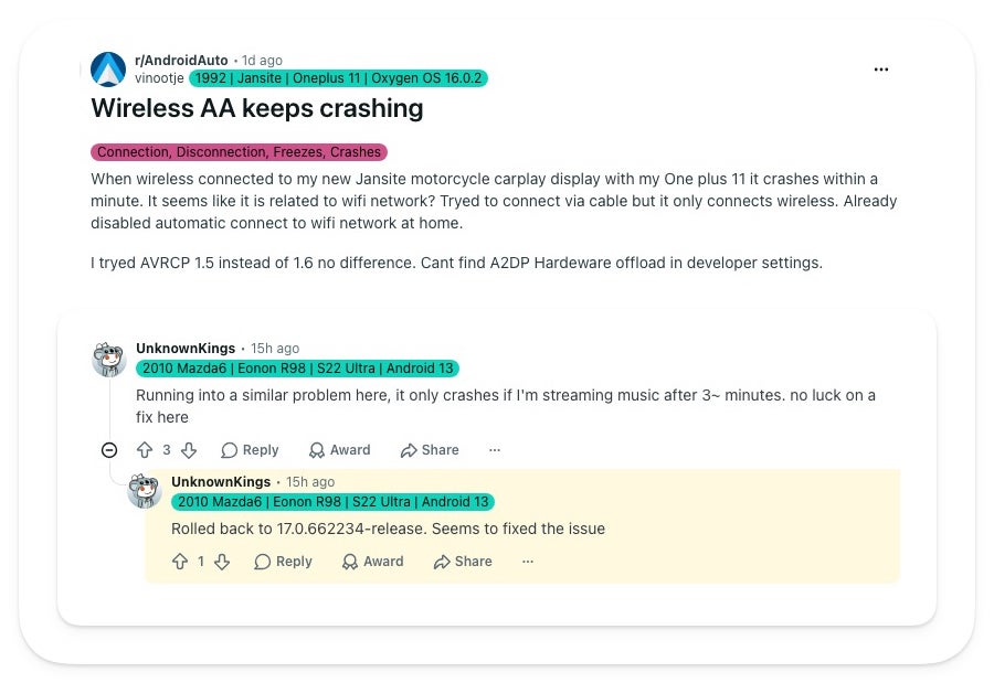 Reddit thread showing Android Auto rollback fix