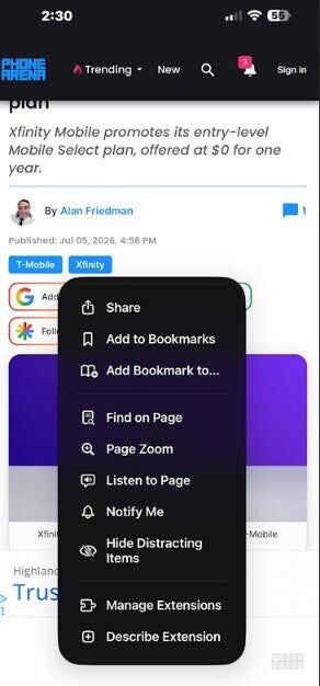 Screenshot of Safari in iOS 27 Beta 3.