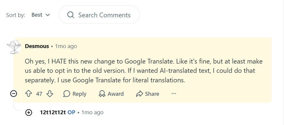 Complaints about AI translation by Google Translate.