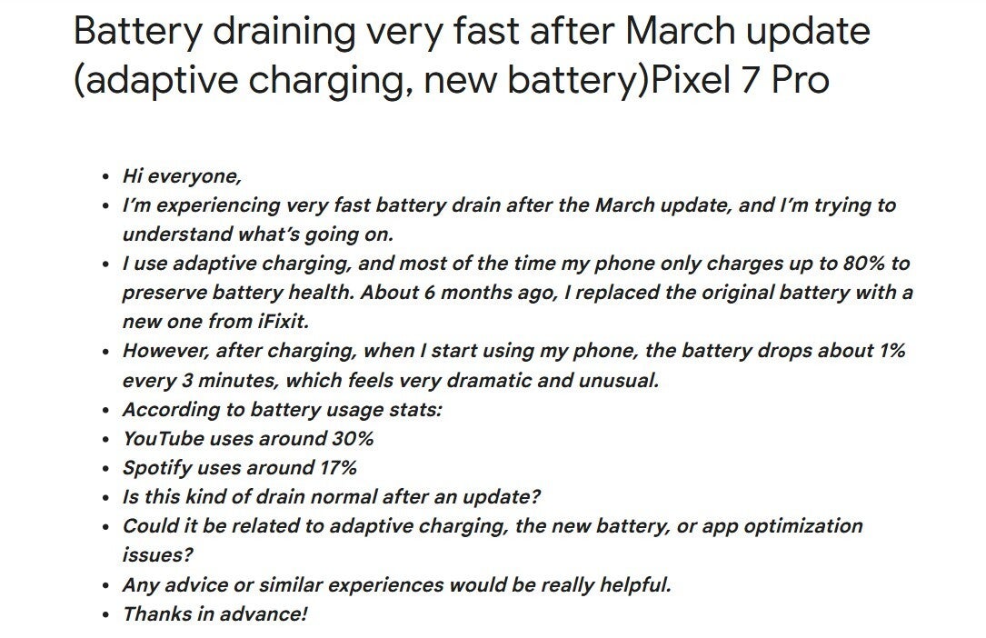 Complaint about battery drain on Pixel phones.