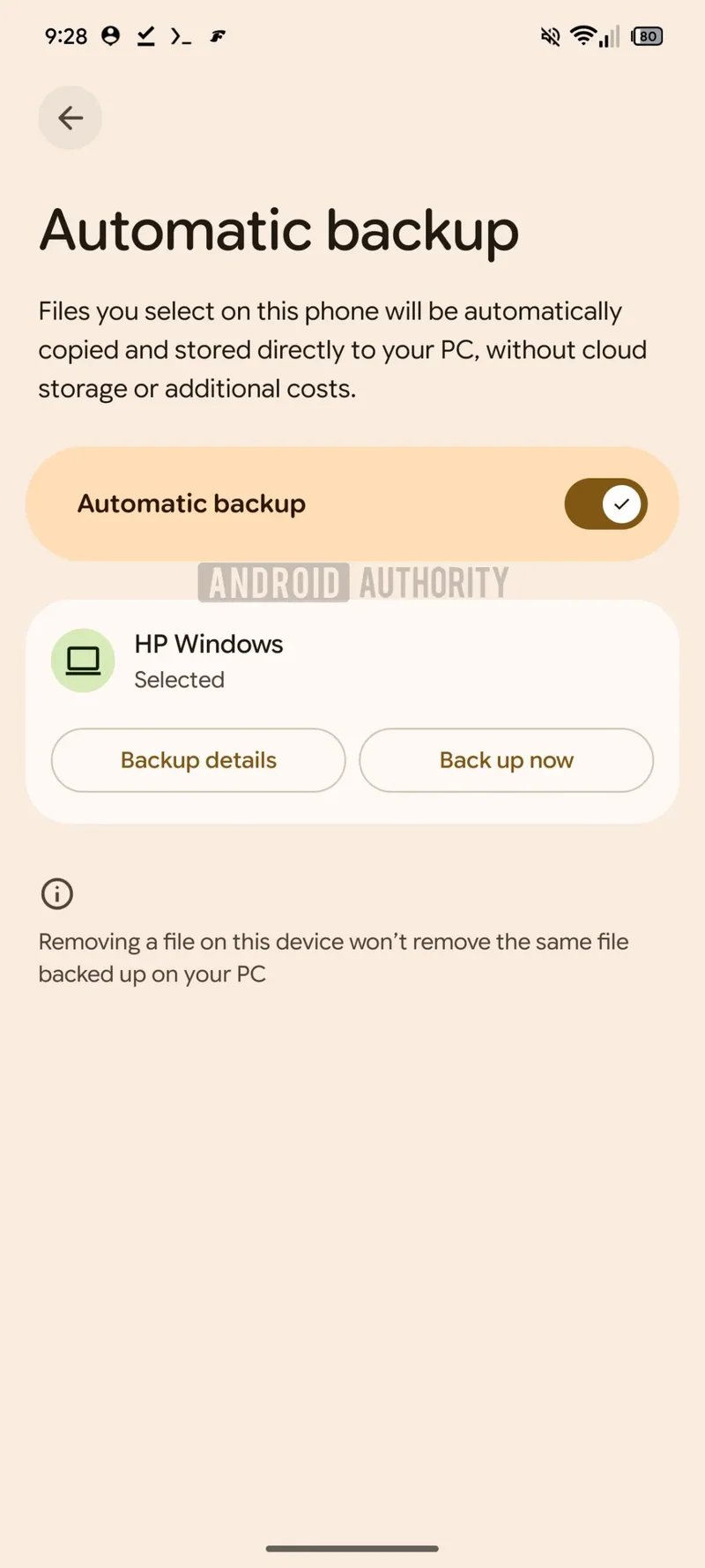 The Automatic backup feature in action.