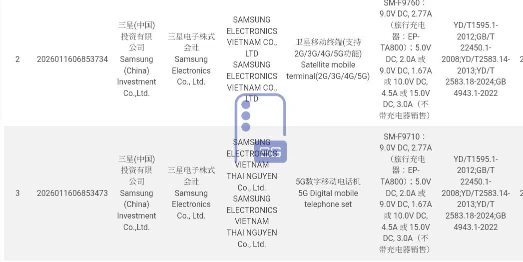 Fold 8 charging speeds revealed in Chinese 3C certification | Image by Screenshot from Chinese 3C database - Samsung Galaxy Fold 8 and Fold 8 Ultra battery and charging: Everything we know so far