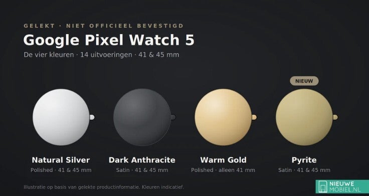Image shows rumored colors for the Pixel Watch 5.