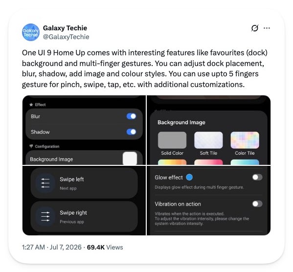 Galaxy Techie&amp;#039;s X post leaking One UI 9 Home Up screenshots