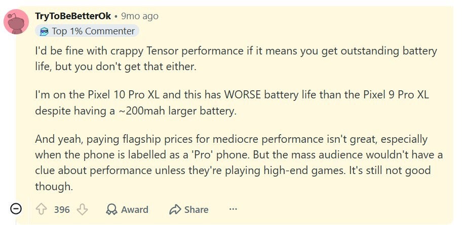 Complaint about poor battery performance of Pixel phones.