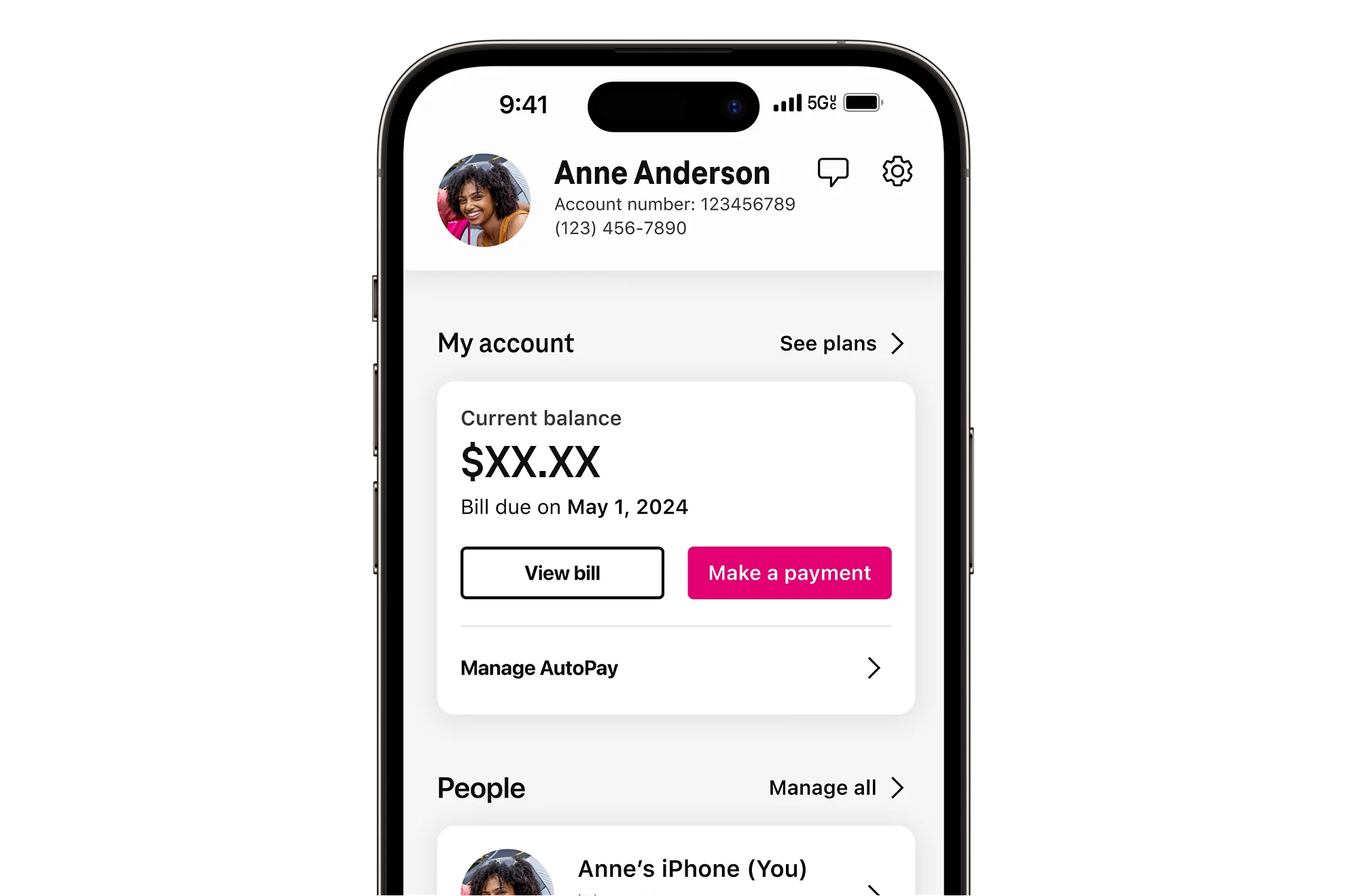 Screenshot of T-Life app&amp;#039;s account management screen