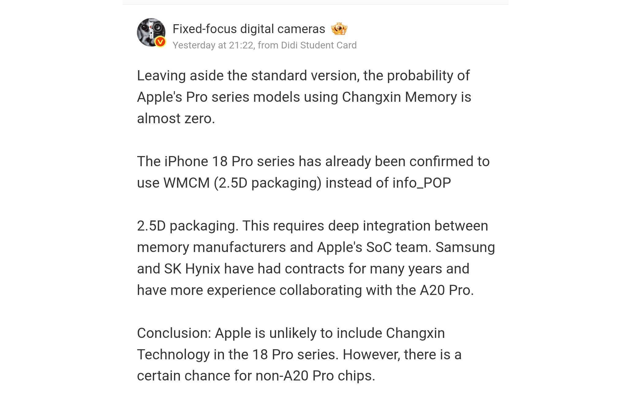 iphone 18 pro no CXMT memory