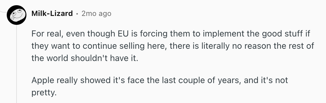 Apple's reputation is taking a hit lately. | Image by Reddit (Screenshot - Meta uses EU regulations to force Apple into giving it an AirPods-style feature