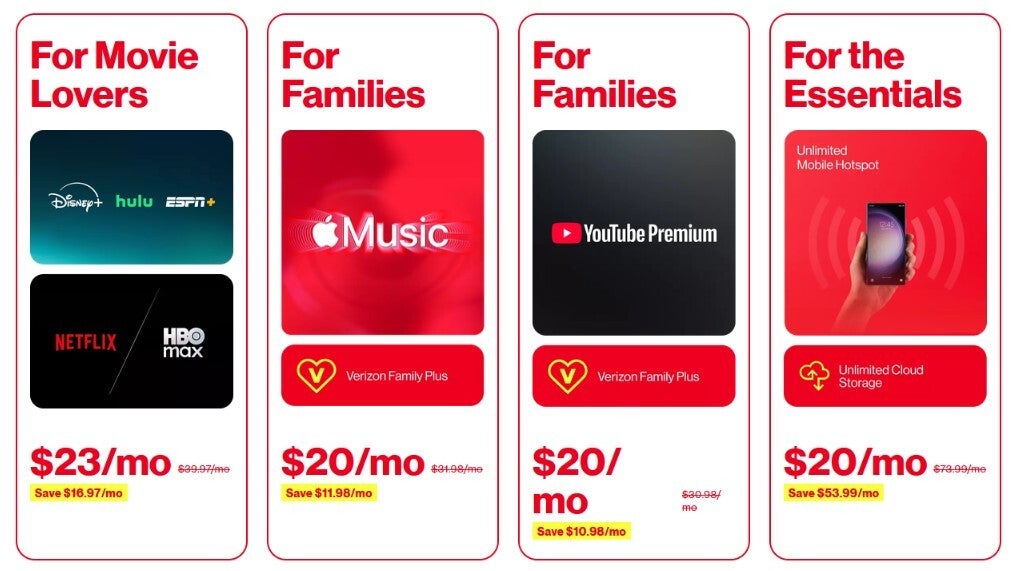 Verizon offers savings on subscription services.