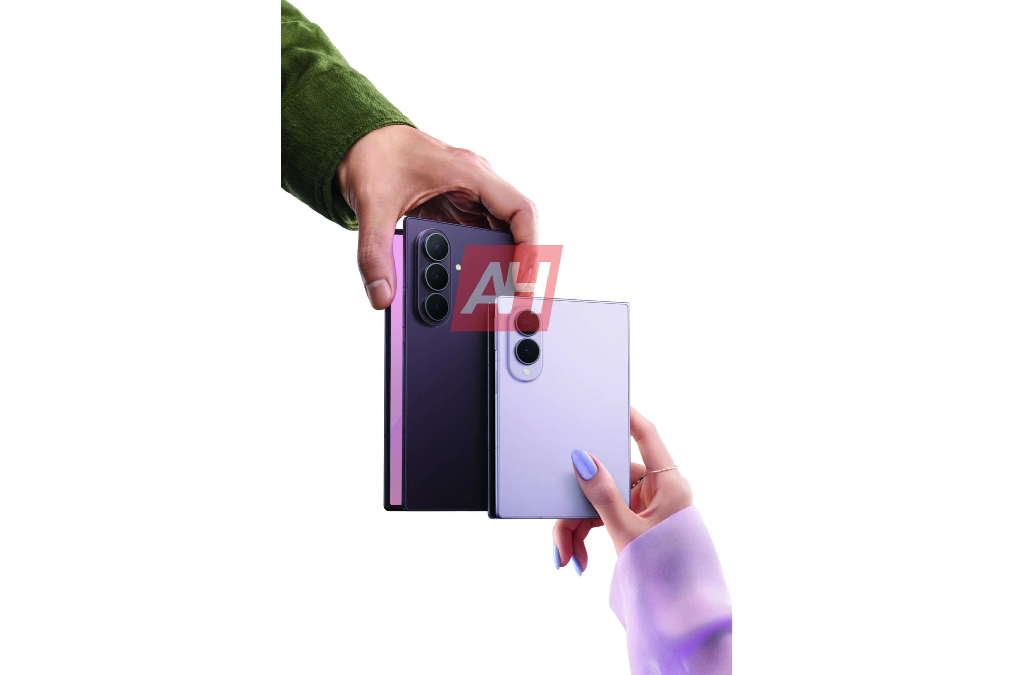 Hands holding Galaxy Z Fold 8 and Fold 8 Ultra renders