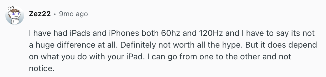 Some people don't notice the higher refresh rate on a display. | Image by Reddit (Screenshot - Despite the OLED panel, the iPad mini refresh may skip the most important display upgrade