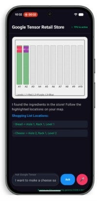 Image of a Pixel 10 AI feature showing a supermarket map to help a shopper find ingrediants for a specific recipe.