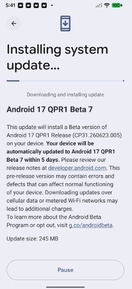 Google notifies compatible Pixel users that Android 17 QPR1 Beta 7 has arrived.