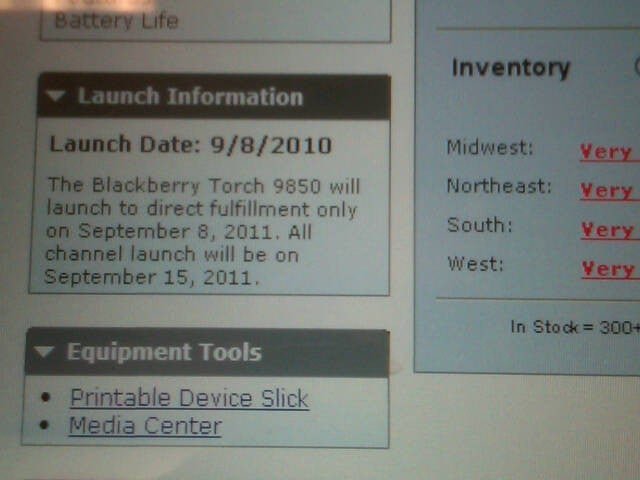 Verizon to launch BlackBerry Torch 9850 on September 8th for direct fulfillment orders
