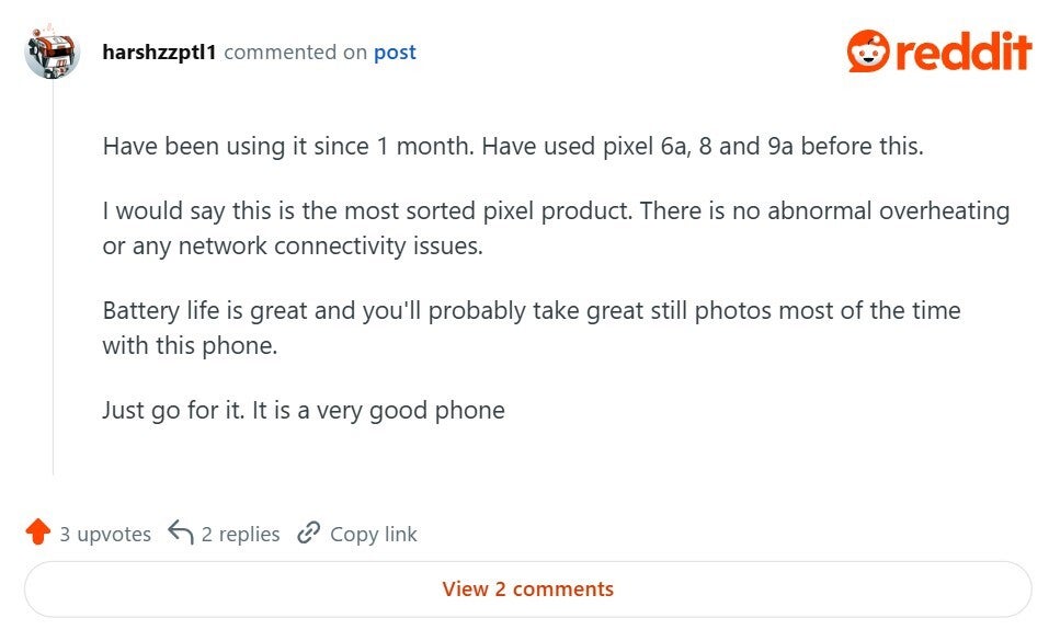 Reddit user appreciating Pixel 10a overall performance.