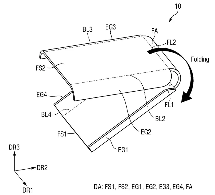 Samsung patent drawing of curved-hinge foldable phone design