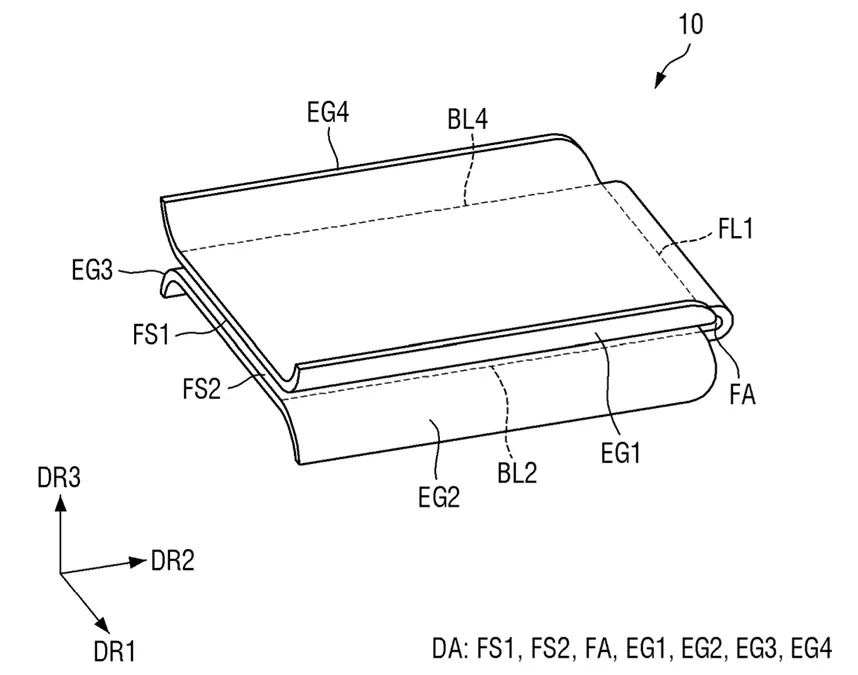 Samsung patent drawing of curved-hinge foldable phone design
