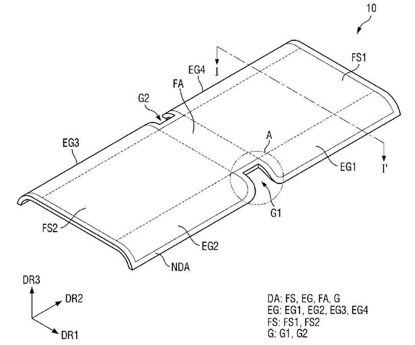 Samsung patent drawing of curved-hinge foldable phone design