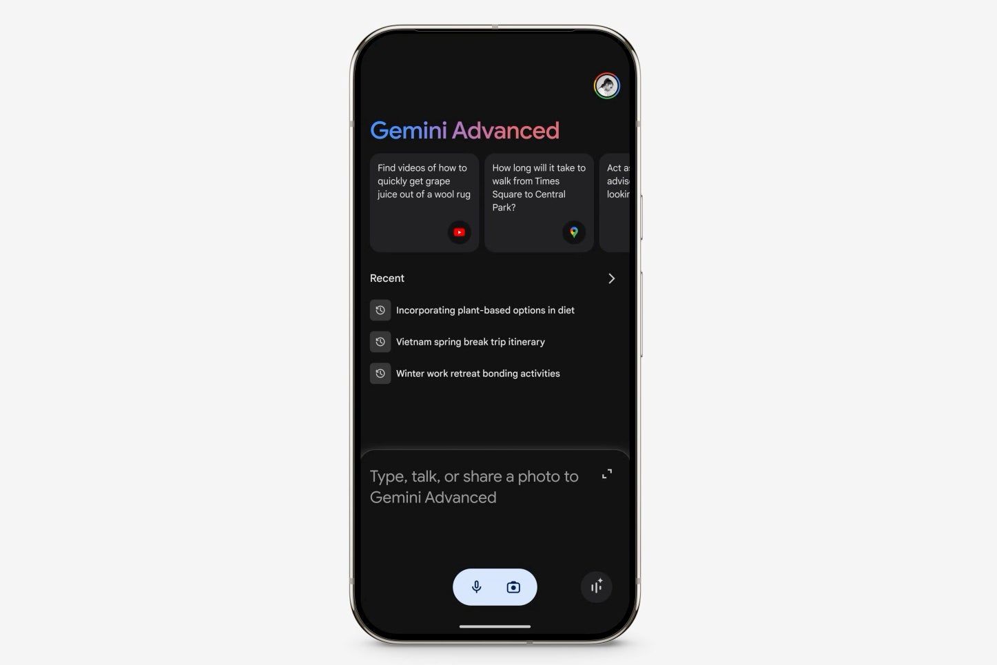 Gemini Advanced app screen with suggestion cards and recent chats