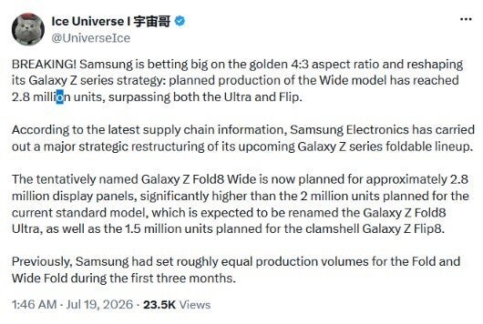 Tweet from Ice Universe about Galaxy Z Fold 8 production.