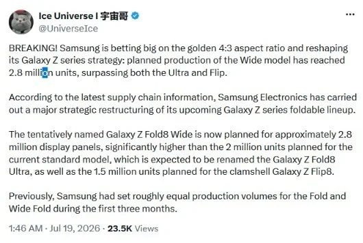 Screenshot of Ice Universe&amp;#039;s X post with Fold 8 production numbers