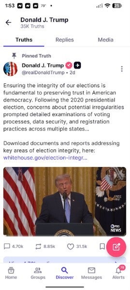 Screenshot showing a Truth Social post from President Trump.