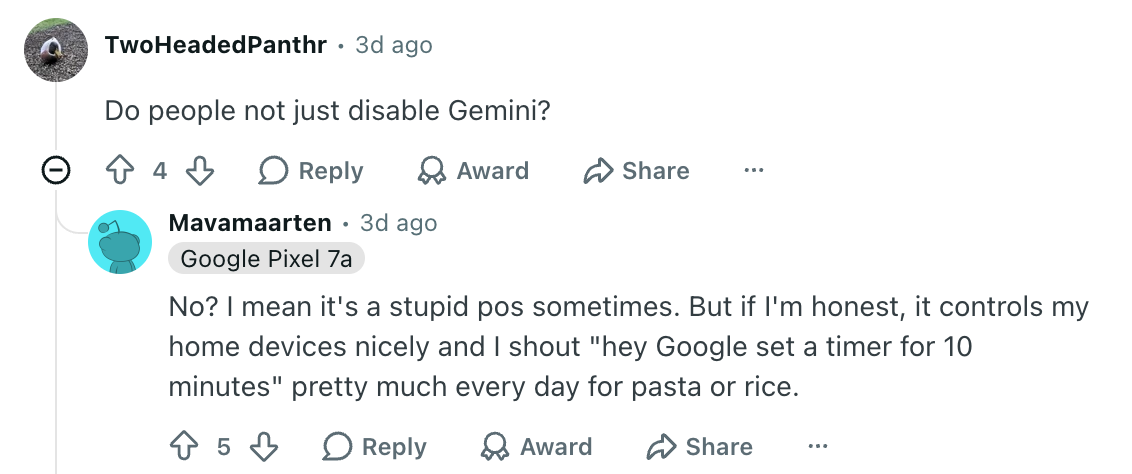 Users on Reddit may not like AI, but they like voice assistants. | Image by Reddit (Screenshot - Gemini lock screen bug allows anyone to send texts without unlocking your Android phone