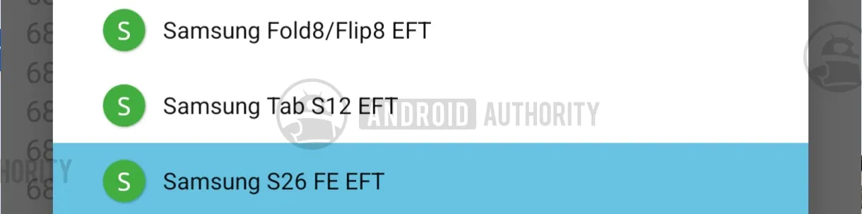 Samsung's new devices on a list inside the Google app. | Image by Android Authority - Galaxy S26 FE and Galaxy Tab S12 might launch much earlier than expected
