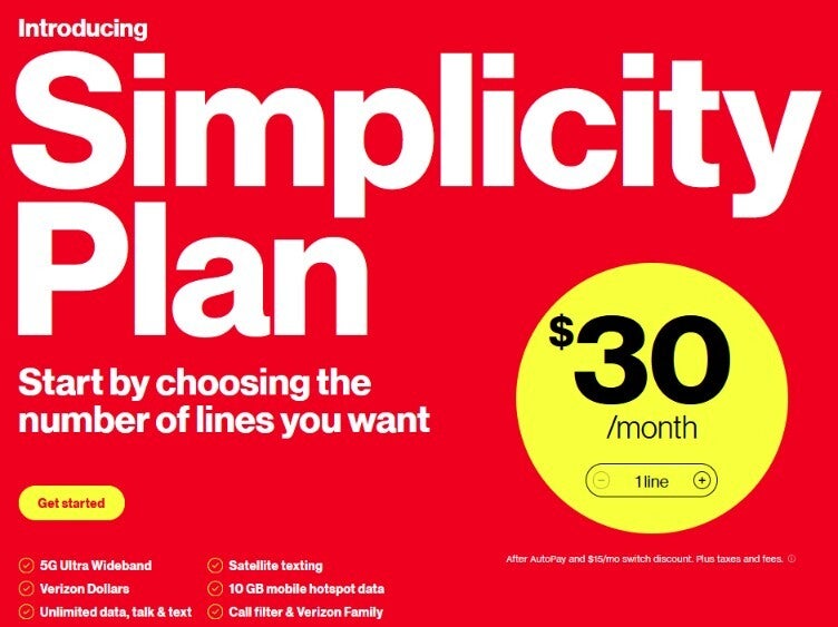 Verizon's website promotes its new Simpliciity Plan.