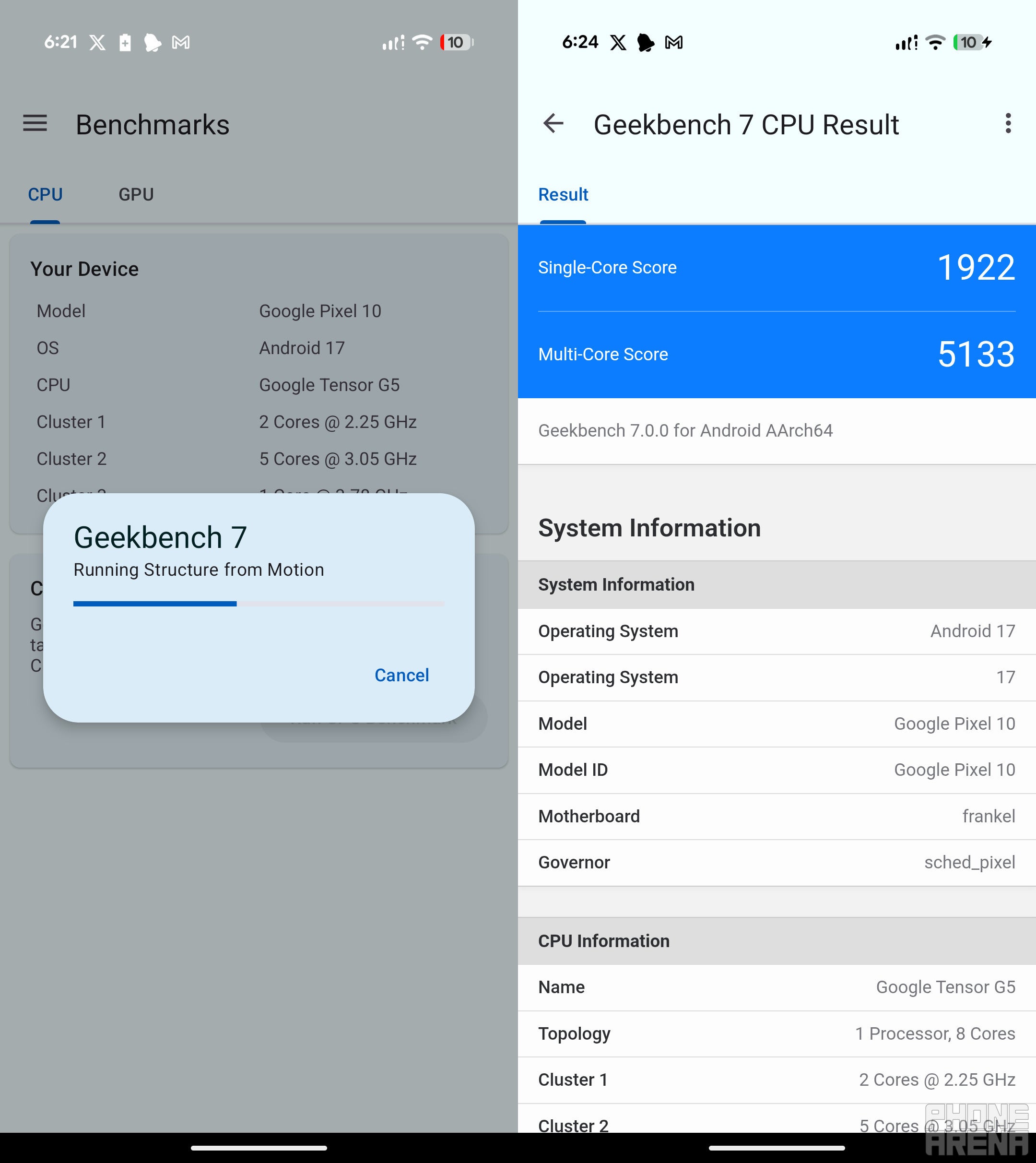 Geekbench 7 score of Pixel 10.