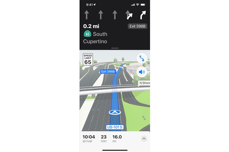 Apple Maps driving navigation view with turn directions.
