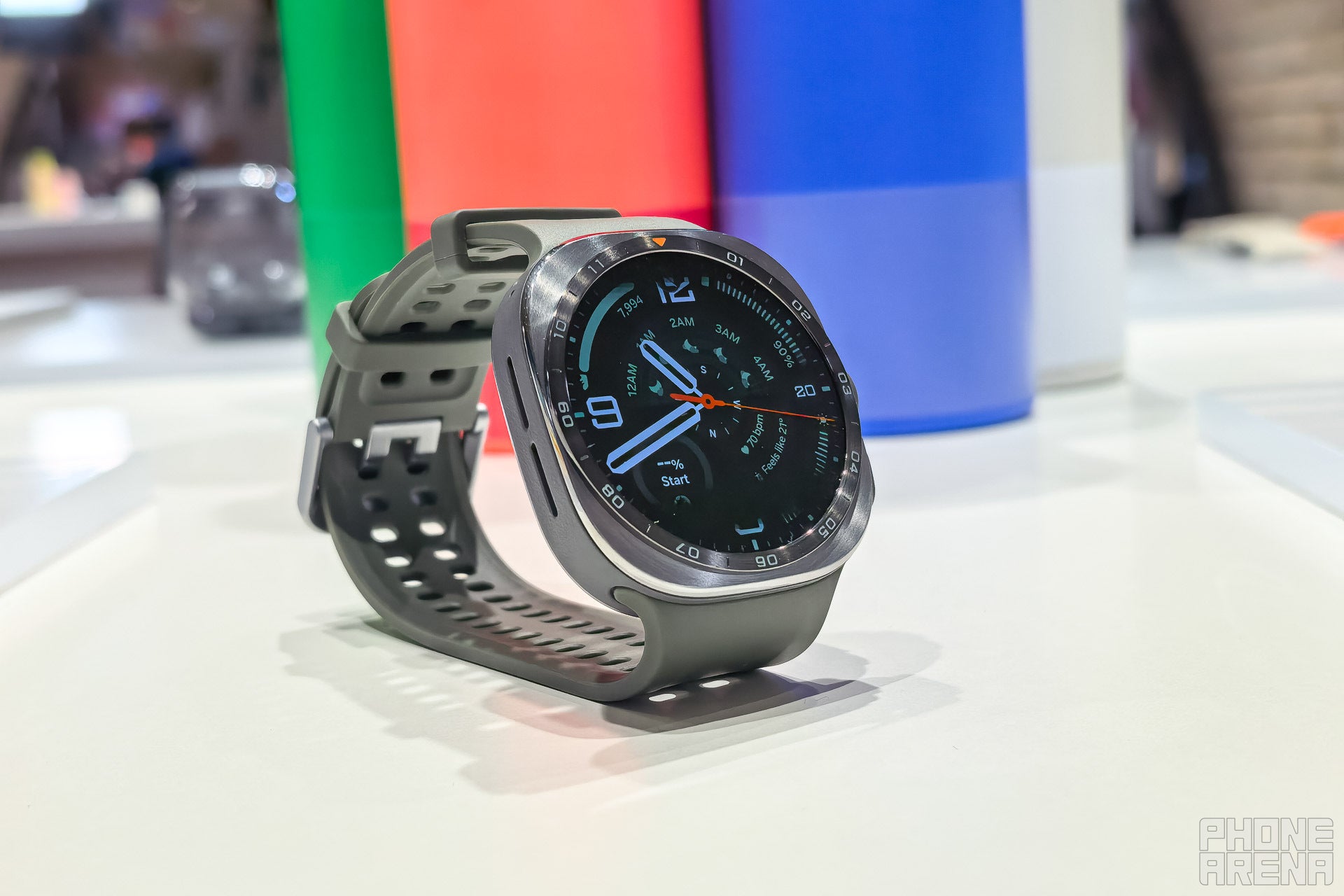 Galaxy Watch Ultra 2 with grey sport band on a table