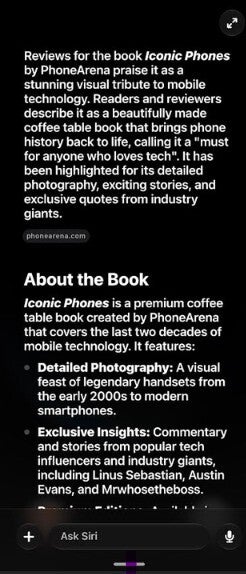 Screenshot from Siri AI about Iconic Phones book.