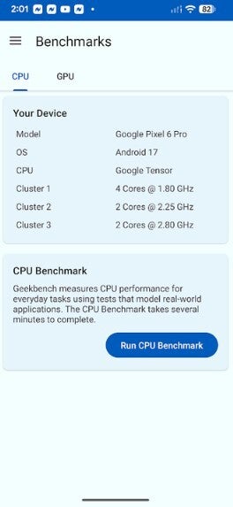 Screenshot of Geekbench app for Android on Pixel 6 Pro.