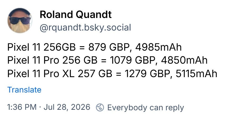 Pixel 11 phones battery details posted by Roland Quandt.