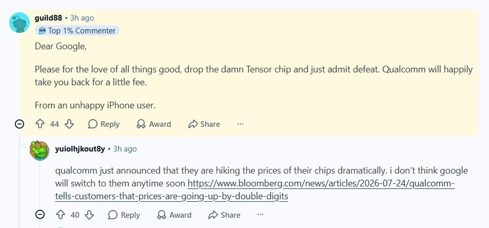 Reddit user requesting Google to ditch Tensor chips.