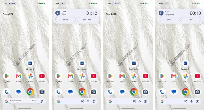 Screenshots of new Google Clock Live Update feature for timer and stopwatch.