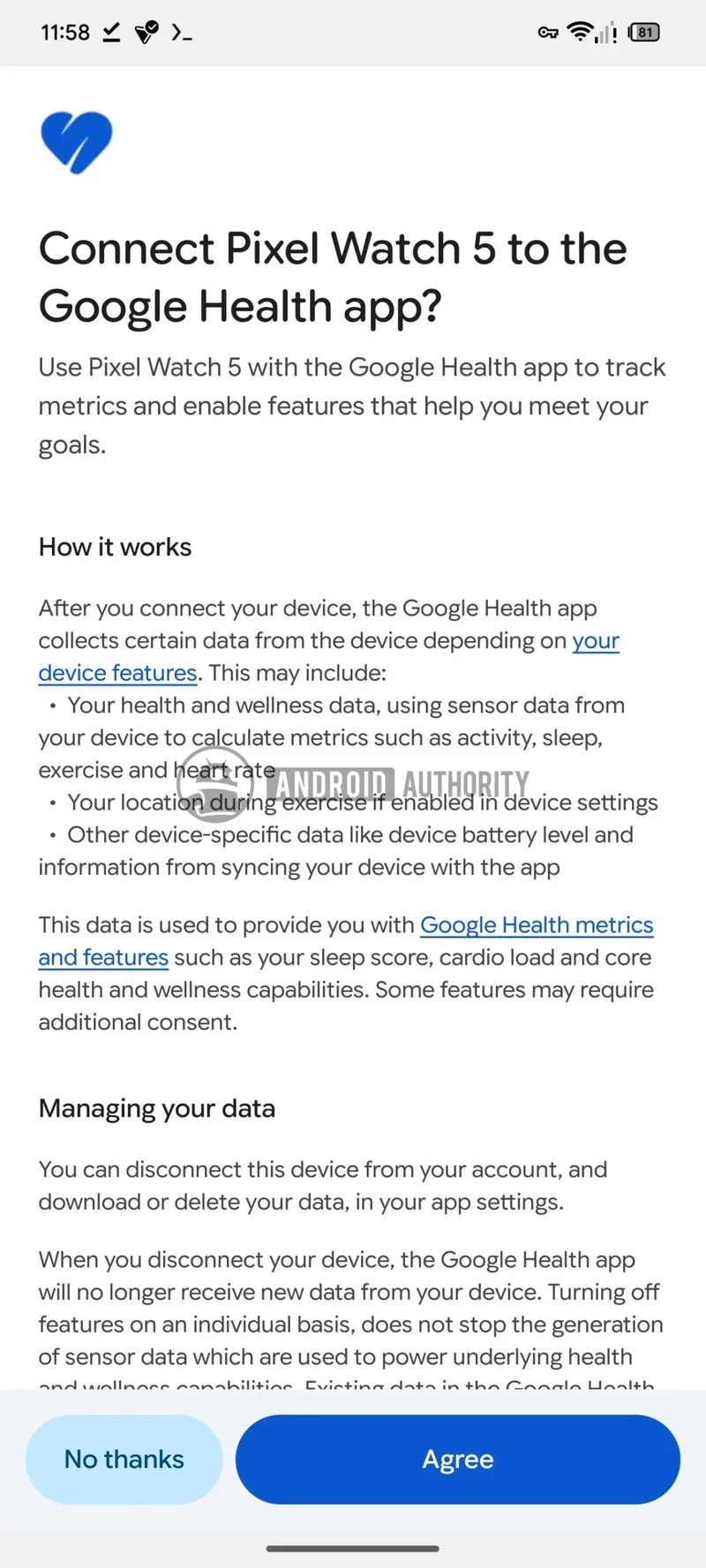 Pixel Watch 5 in the Google Health app.