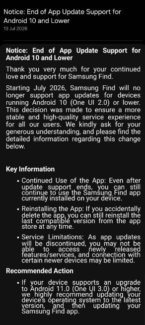 Notice in the Samsung Find app. | Image by SamMobile - After Samsung Messages, Samsung is ending support for another important Galaxy app