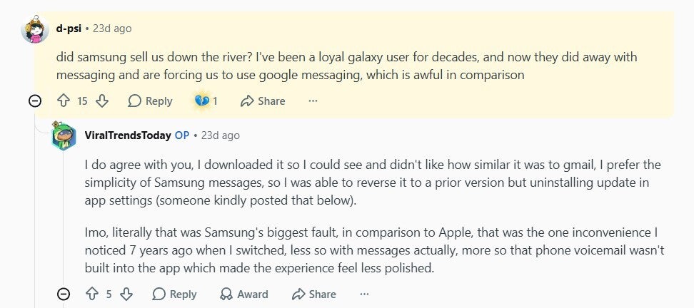 Reddit user criticizing Google Messages.