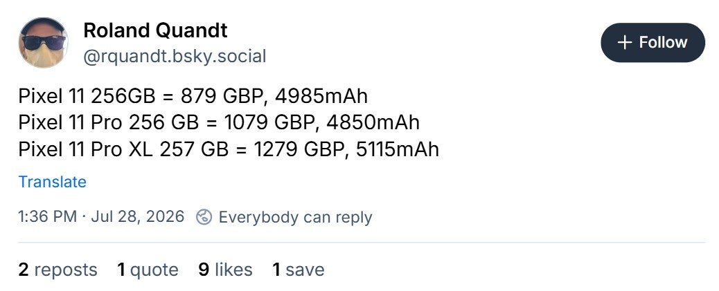 Pixel 11 phones battery details posted by Roland Quandt.